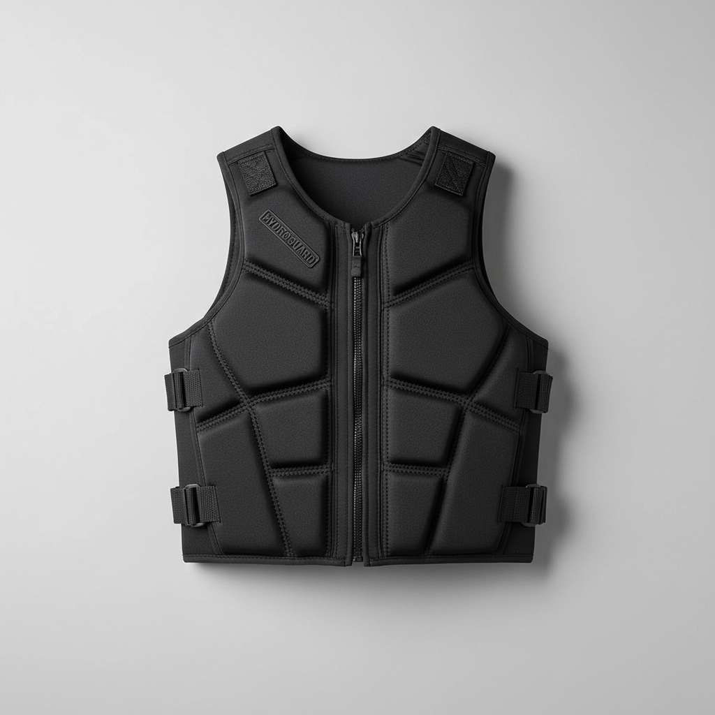 Black impact vest for water sports on neutral background
