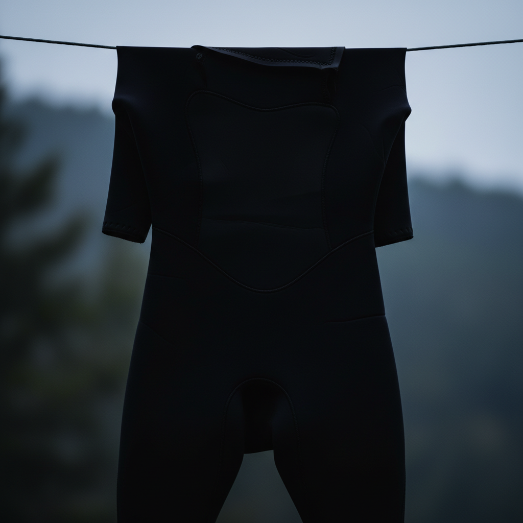 Black neoprene wetsuit hanging on white background