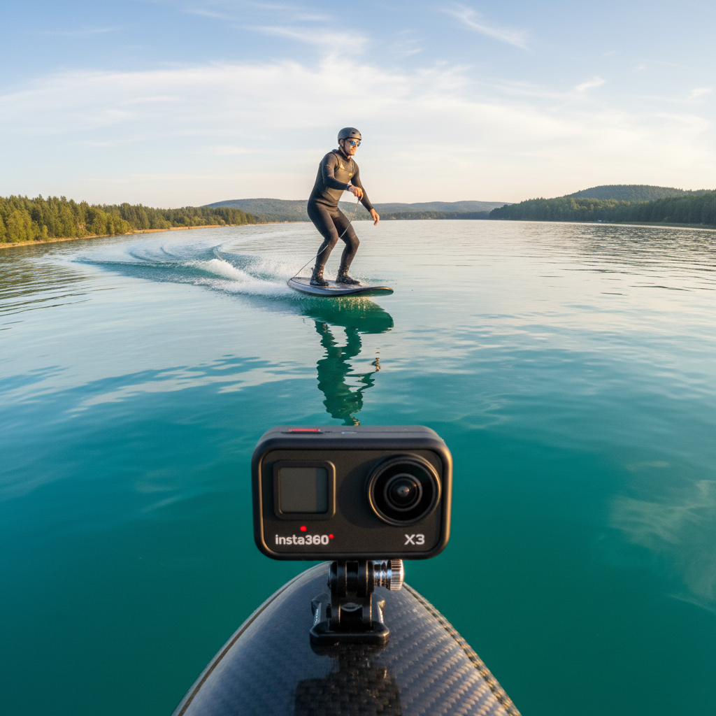 Insta360 camera mounted on e-foil board capturing 360 degree video of lake session